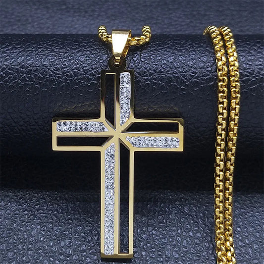 New Fashion Stainless Steel Necklace Diamond Cross Pendant