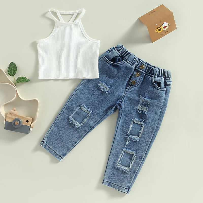 Toddler Girls 2pc-Set Summer Pants Outfit Sleeveless Camisole Elastic Waist Ripped Jeans (18mo-6yrs)
