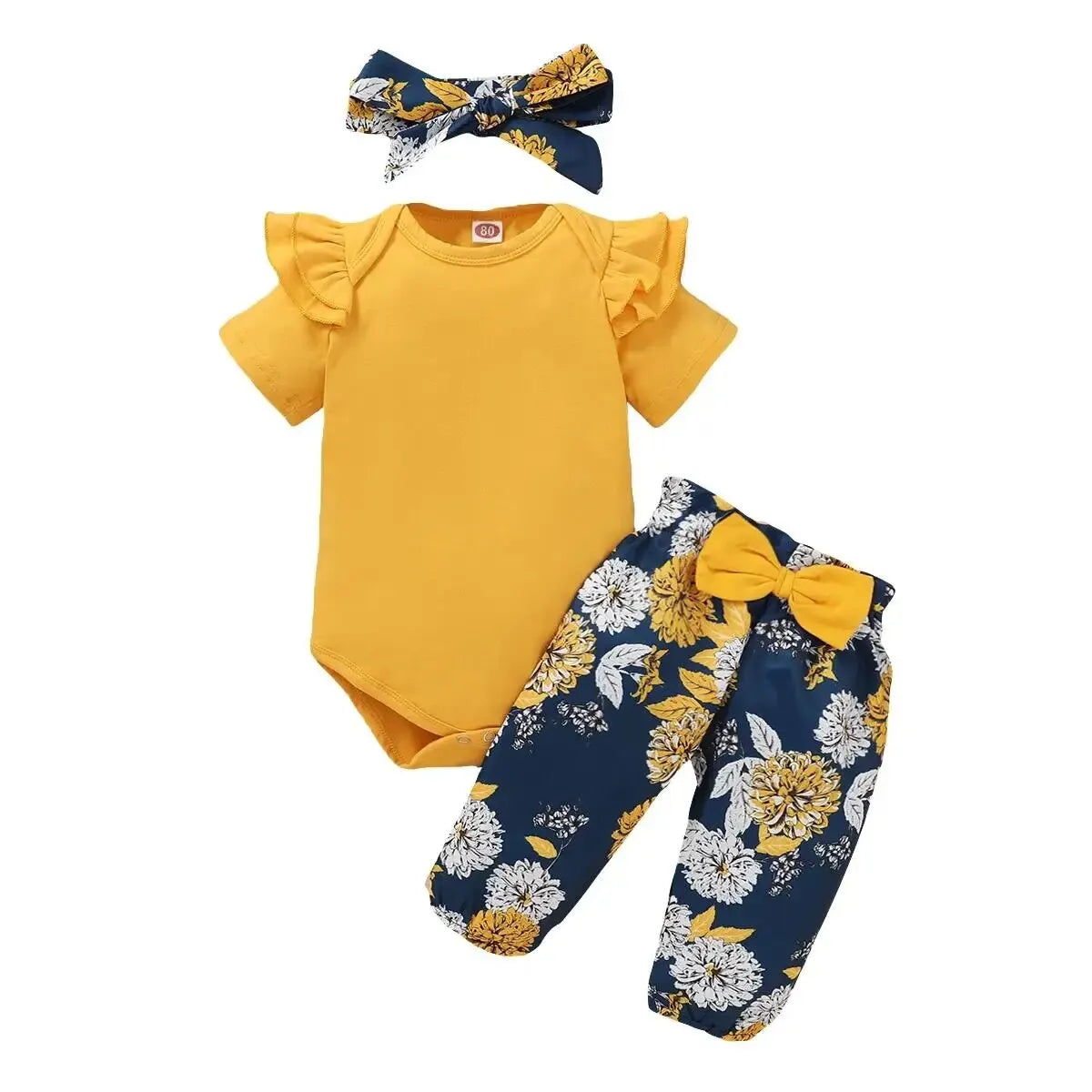 Infant/Toddler Girls 3pc-Set Long Sleeve Romper Top / Flower Pants & Headband (Newborn -18 Months)
