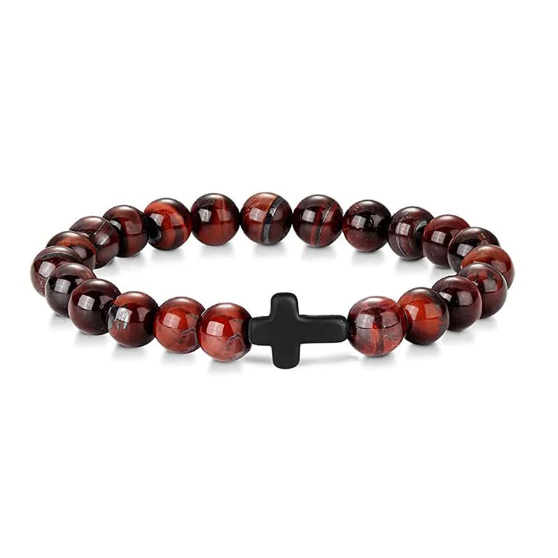 Cross Bracelets - Natural Stone Onyx / Hematite / Wood Beads