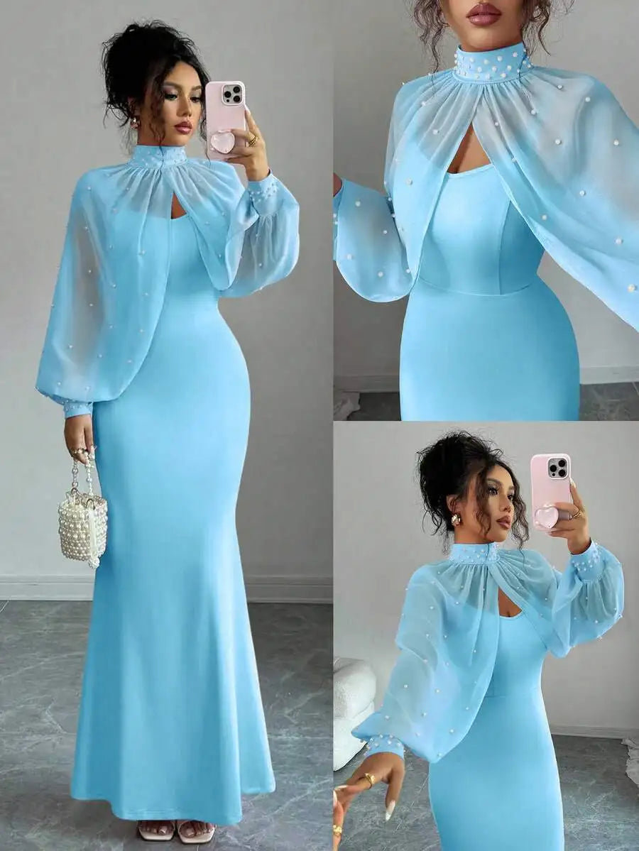 Elegant Bodycon Gown with Beaded Sheer Capelet Dress Set (10 colors available)