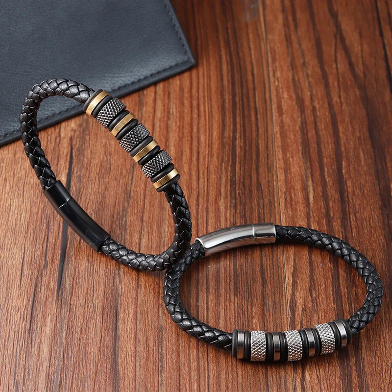 Braided Leather Bracelet - Stainless Steel - Black / Gold / Silver Elements