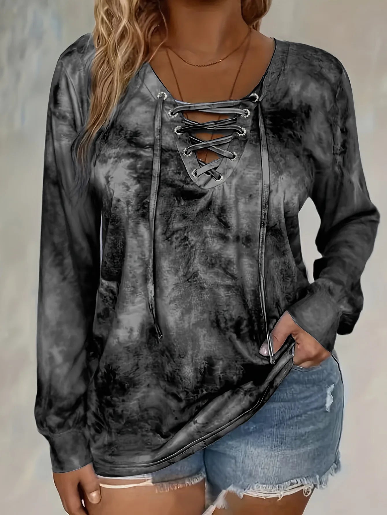 Plus Size Tie Dye Elegant Lace-Up Top