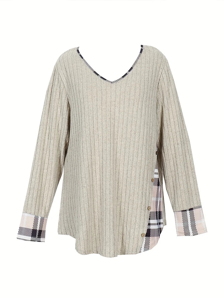 Plus Size 1XL-5XL Women's Casual Fashion V Neck Long Sleeve Top