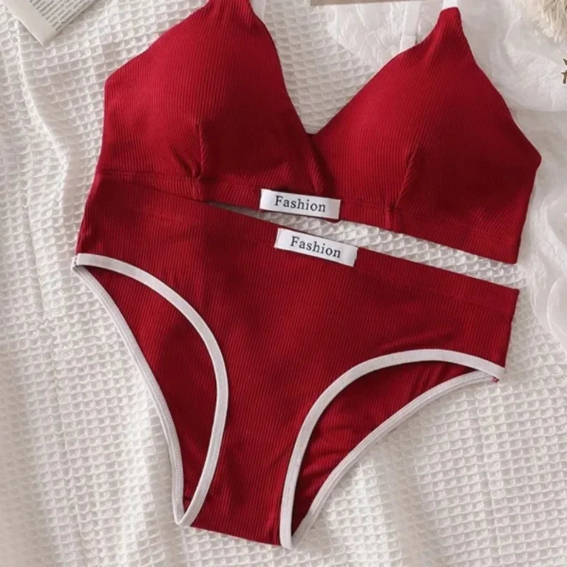 Sport 2pc Cotton Bralette - Vneck Brassiere Bra / Briefs Low Waist Panty