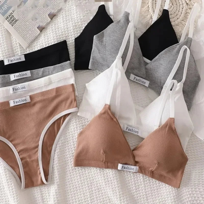 Sport 2pc Cotton Bralette - Vneck Brassiere Bra / Briefs Low Waist Panty