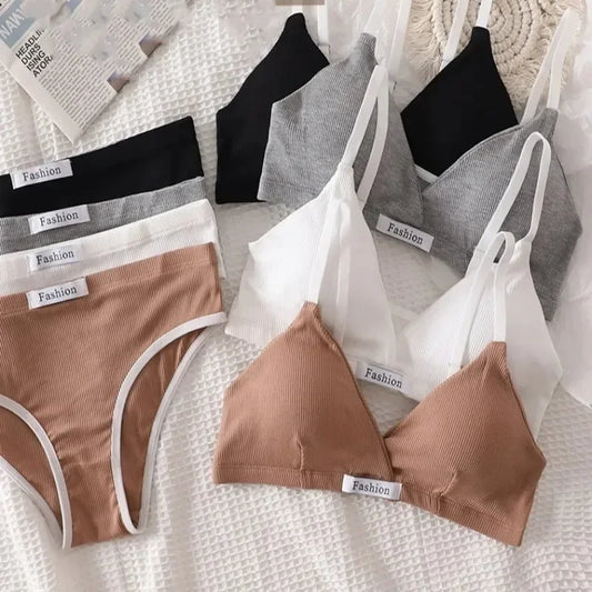 Sport 2pc Cotton Bralette - Vneck Brassiere Bra / Briefs Low Waist Panty
