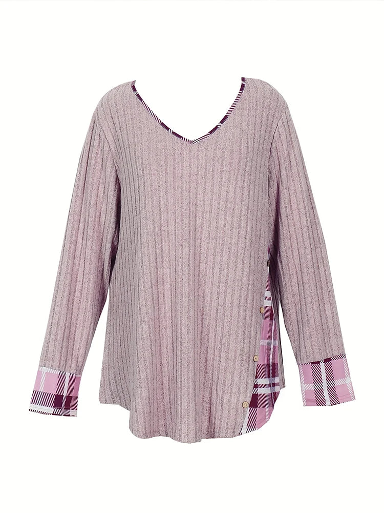 Plus Size 1XL-5XL Women's Casual Fashion V Neck Long Sleeve Top