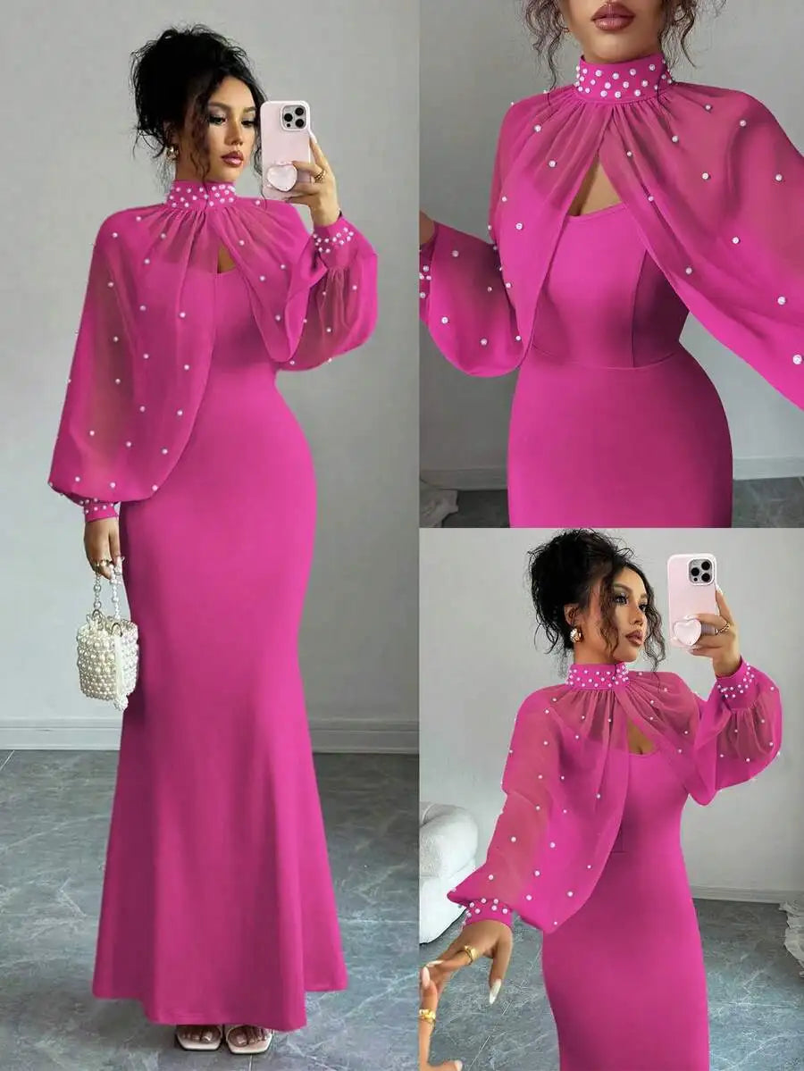 Elegant Bodycon Gown with Beaded Sheer Capelet Dress Set (10 colors available)