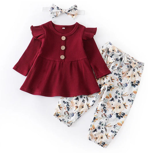 Infant/Toddler Girls 3pc-Set Long Sleeve Top - Floral Pants - Headband (3-24mo)