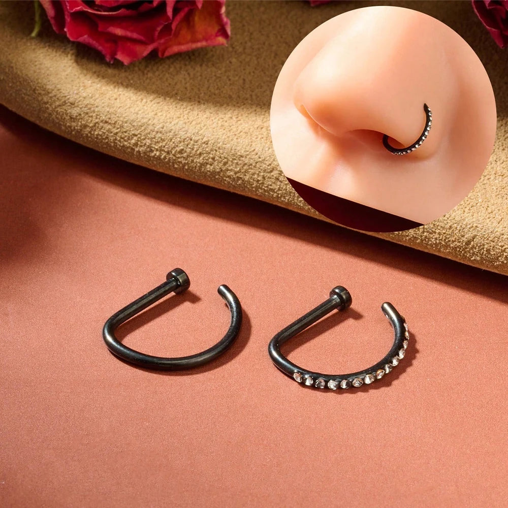 Stylish Fashion Nose Ring Non-Piercing 18G / D-Shaped 2pc Set - Stainless Steel (5 colors available)