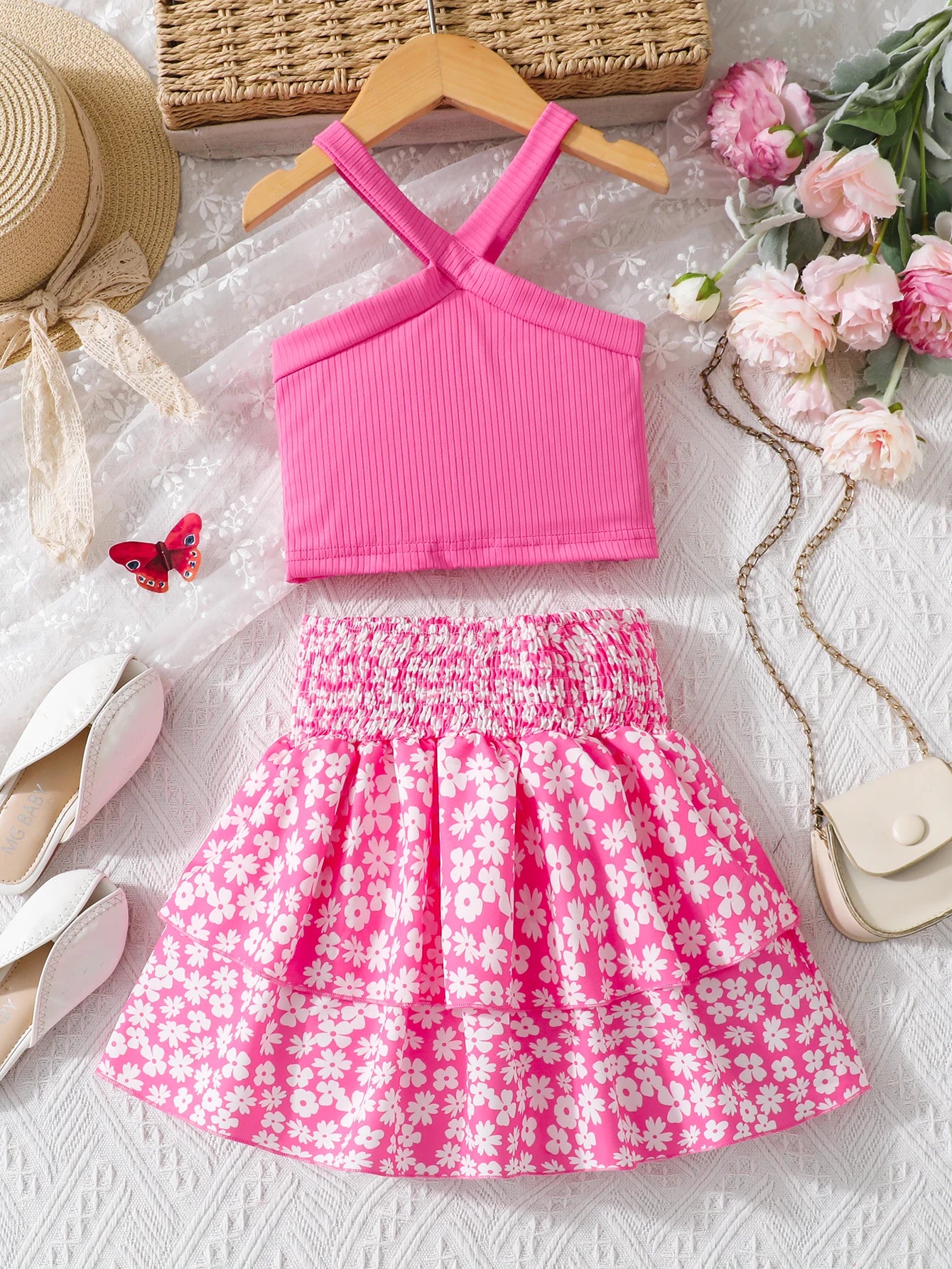 New Summer Girls 2pc Set - Pink Off-Shoulder Top & Floral Skirt (18mo-6yrs)