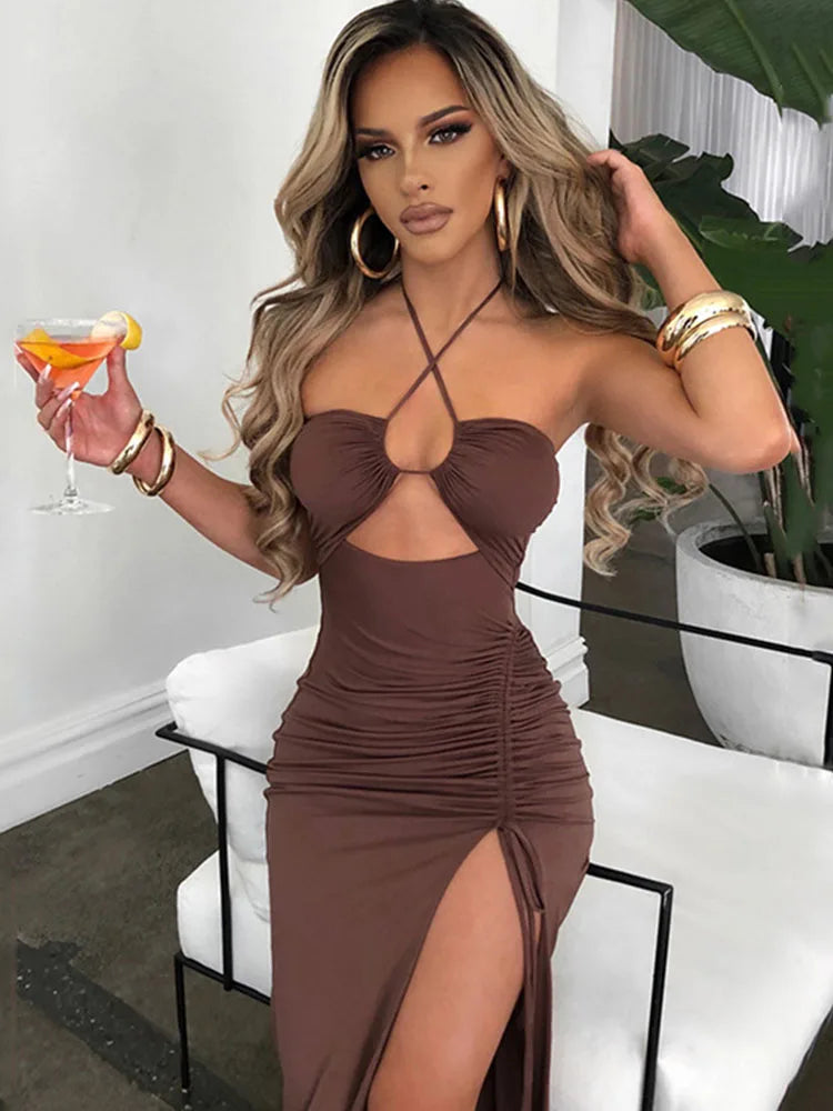 Elegant Halter Twist - Mid-Backless Dress (4 colors available)