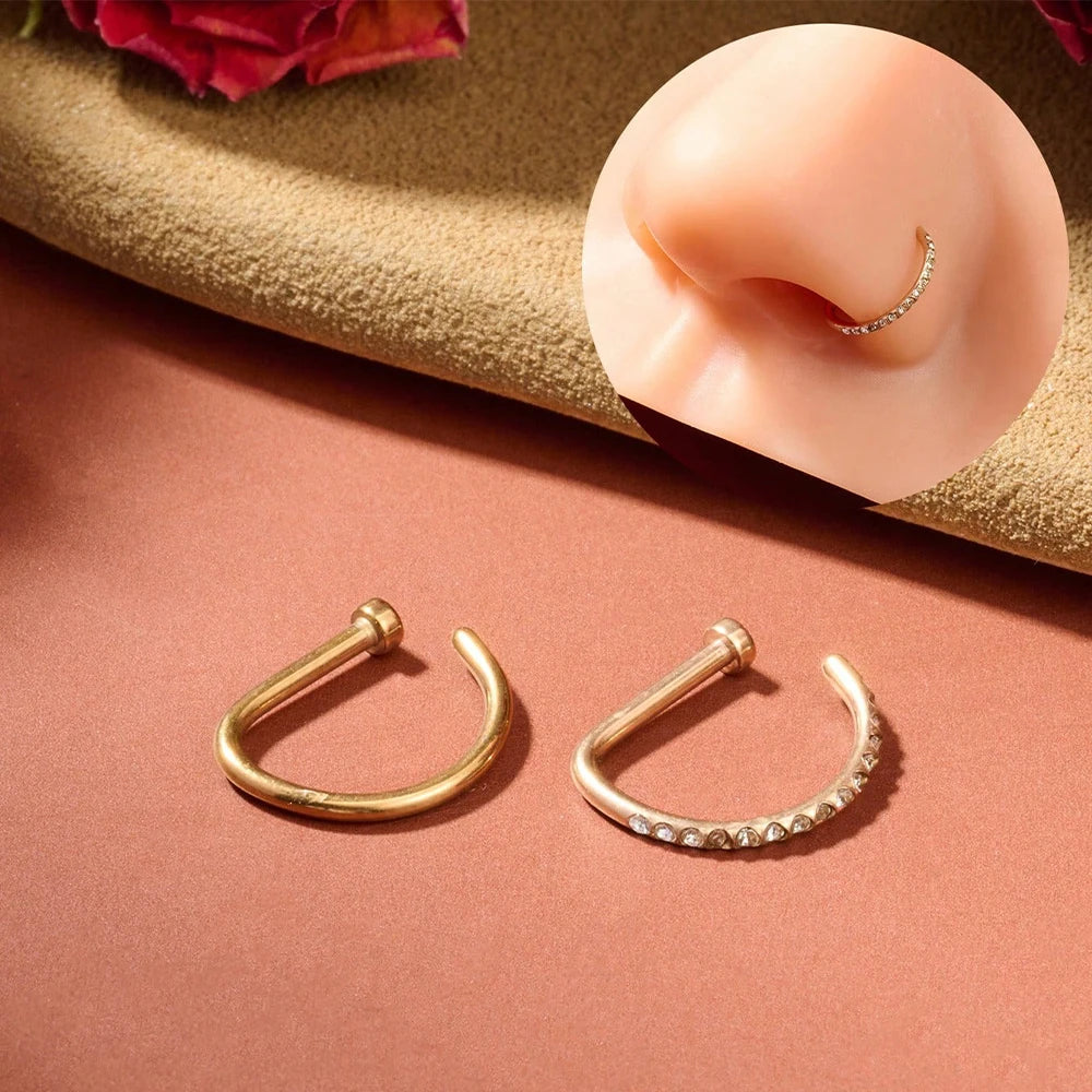 Stylish Fashion Nose Ring Non-Piercing 18G / D-Shaped 2pc Set - Stainless Steel (5 colors available)