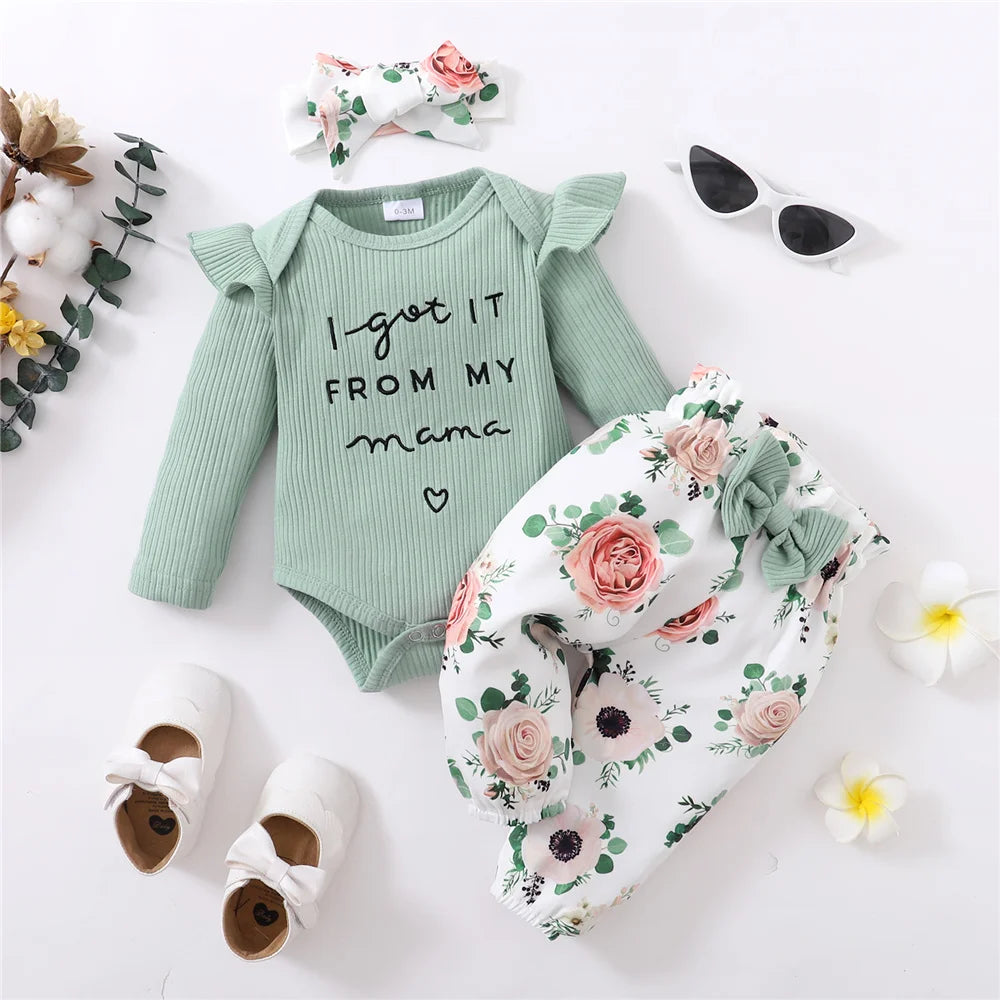 Infant/Toddler Girls 3pc-Set Long Sleeve Romper - Floral Pants & Headband (Newborn-18mo)