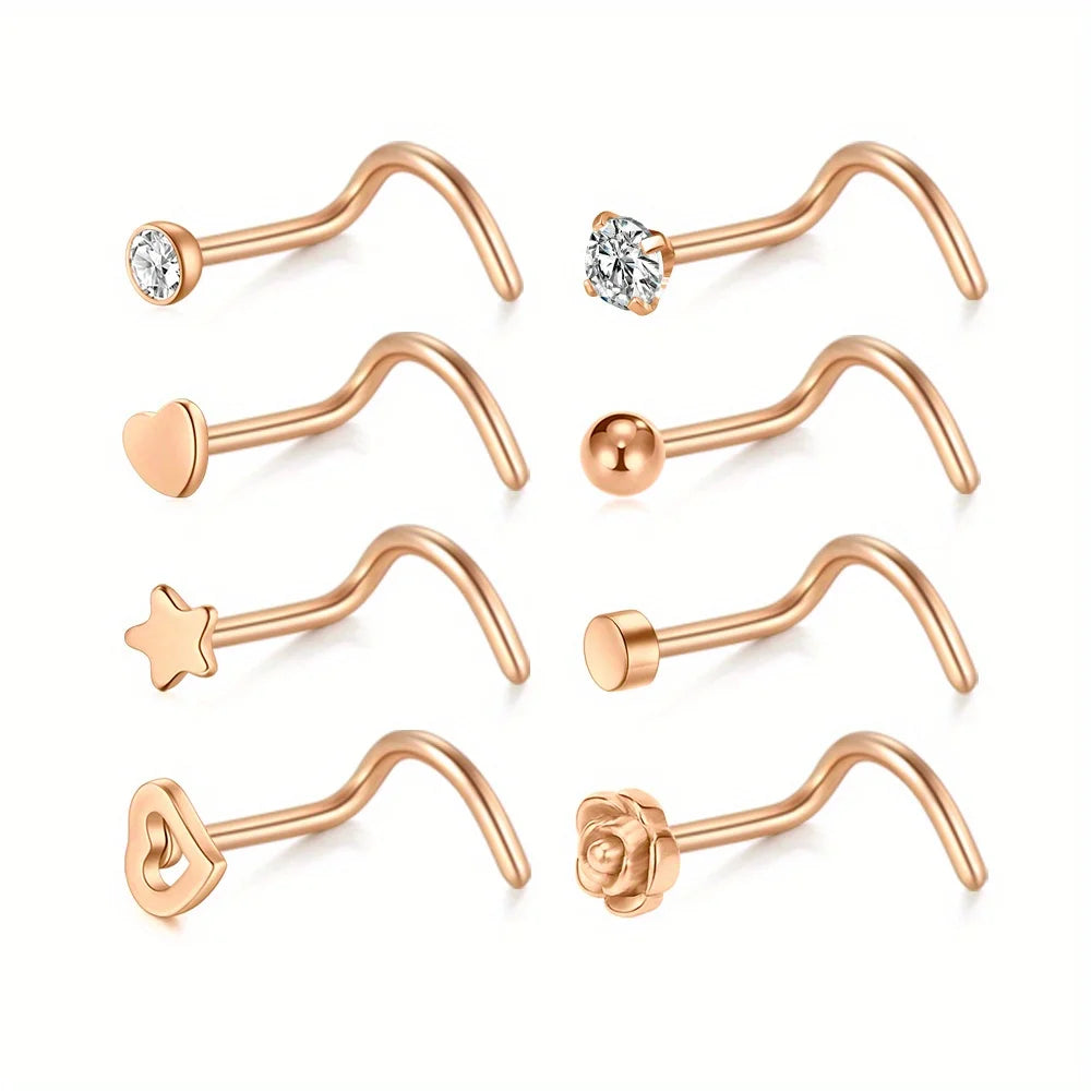 Trendy Nose Ring 8 Pc-Set Stainless Steel - Rose Gold