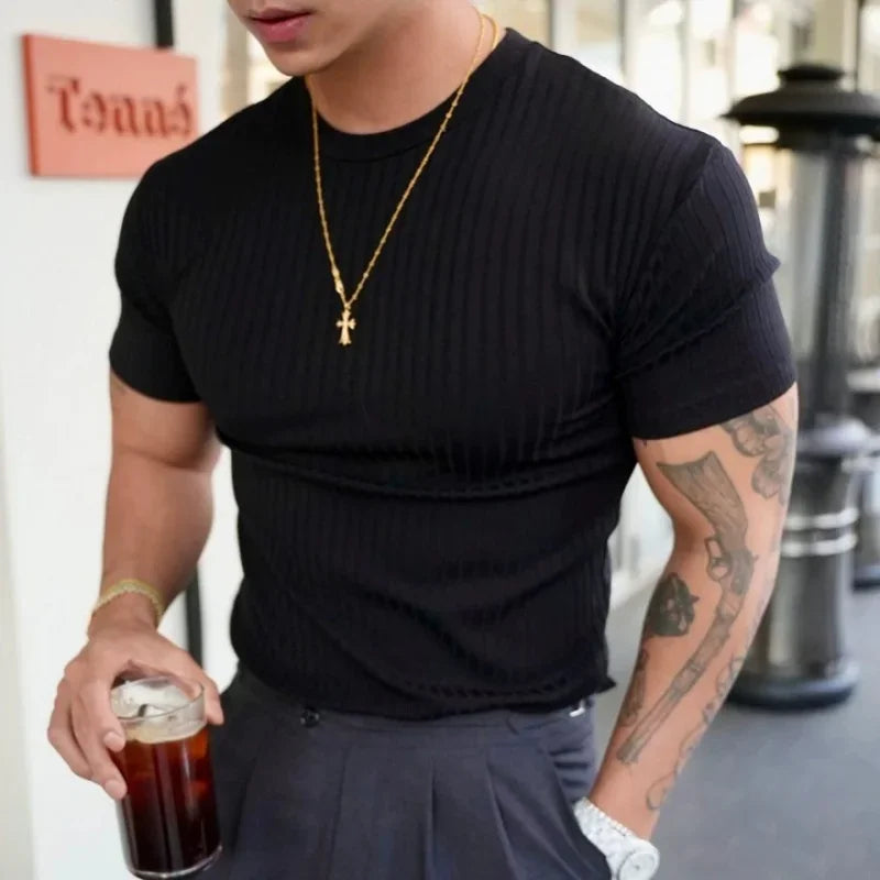 New Fashion Men's Casual/Dressy Short Sleeve Vertical Knit Stripe Top - (2 colors available)