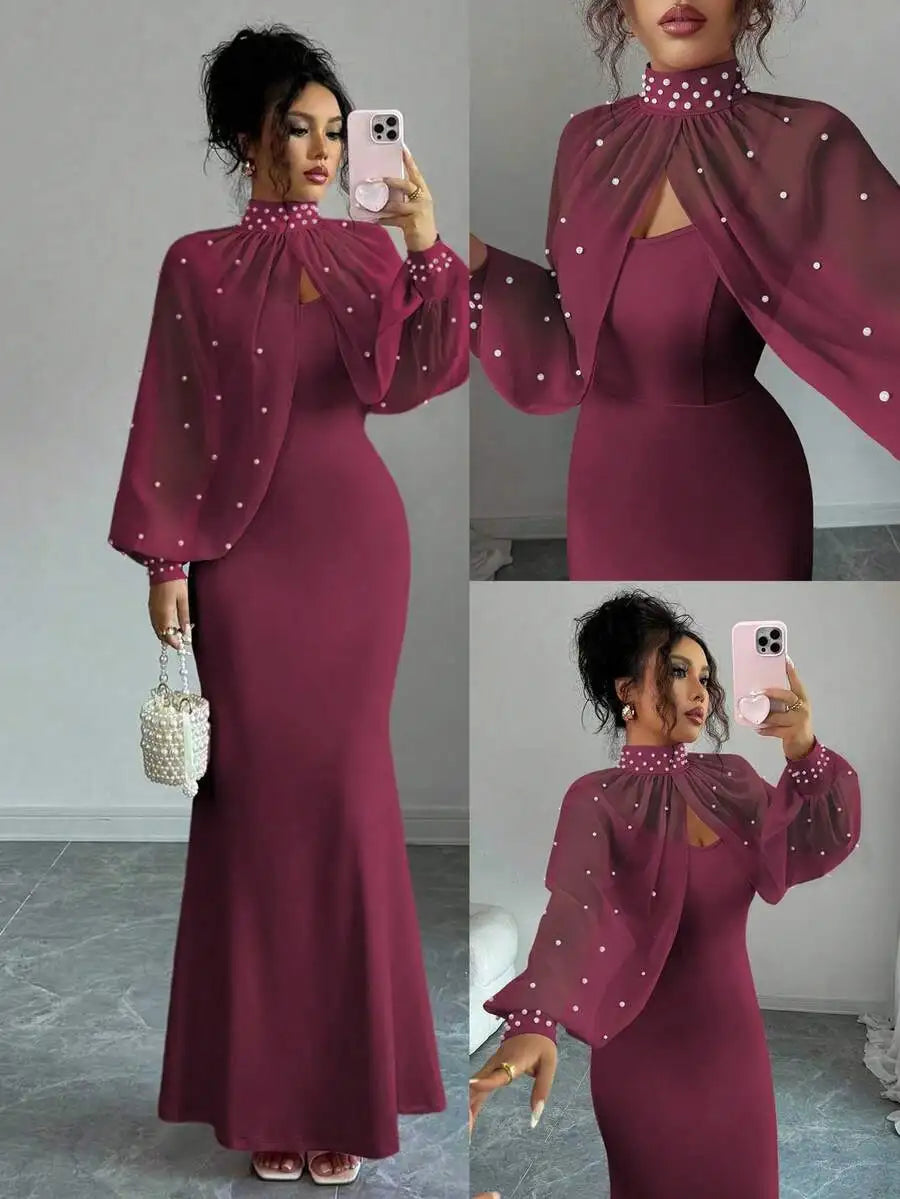 Elegant Bodycon Gown with Beaded Sheer Capelet Dress Set (10 colors available)