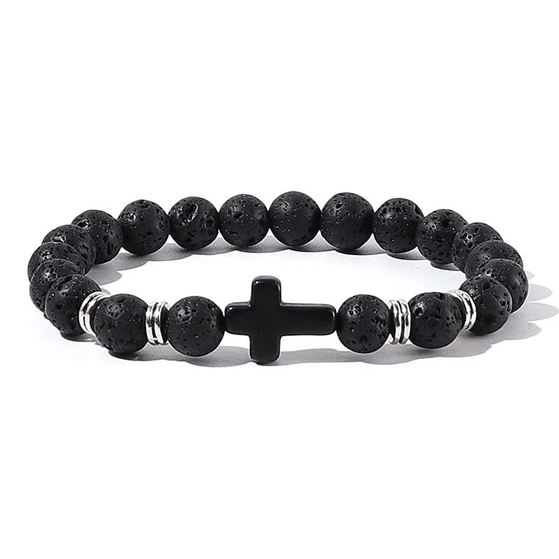 Cross Bracelets - Natural Stone Onyx / Hematite / Wood Beads
