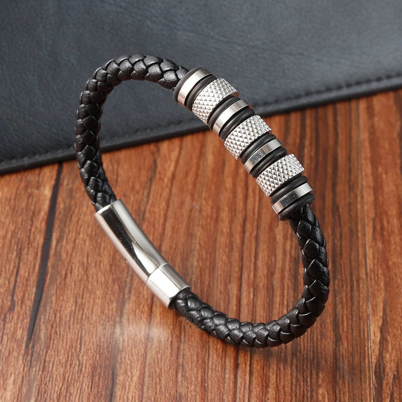 Braided Leather Bracelet - Stainless Steel - Black / Gold / Silver Elements