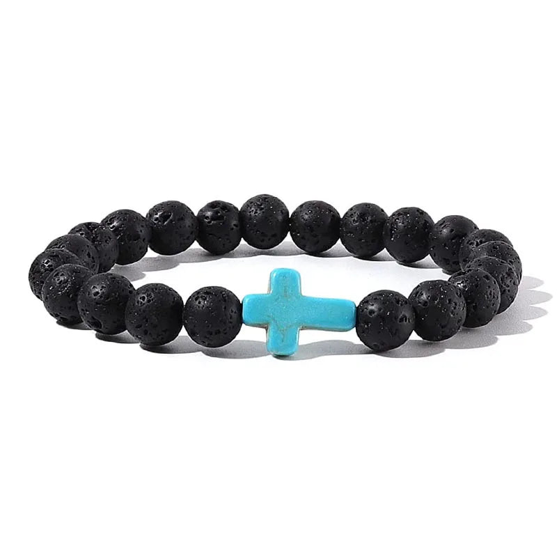 Cross Bracelets - Natural Stone Onyx / Hematite / Wood Beads