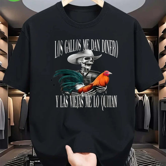 Skull Rooster Graphic Tee "Los Gallos Me Dan Dinero"
