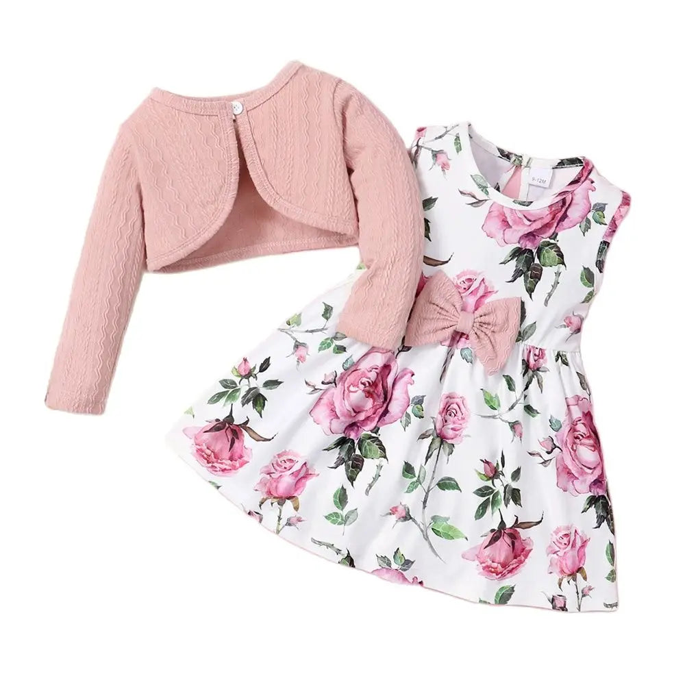 Infant/Toddler Girls Floral Dress - Ribbed Overcoat - 2pc Set (6mo-3yrs)