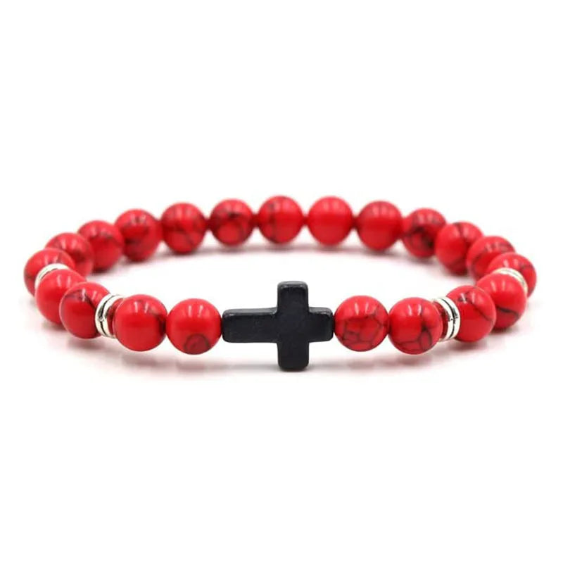 Cross Bracelets - Natural Stone Onyx / Hematite / Wood Beads