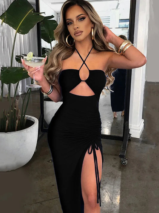 Elegant Halter Twist - Mid-Backless Dress (4 colors available)