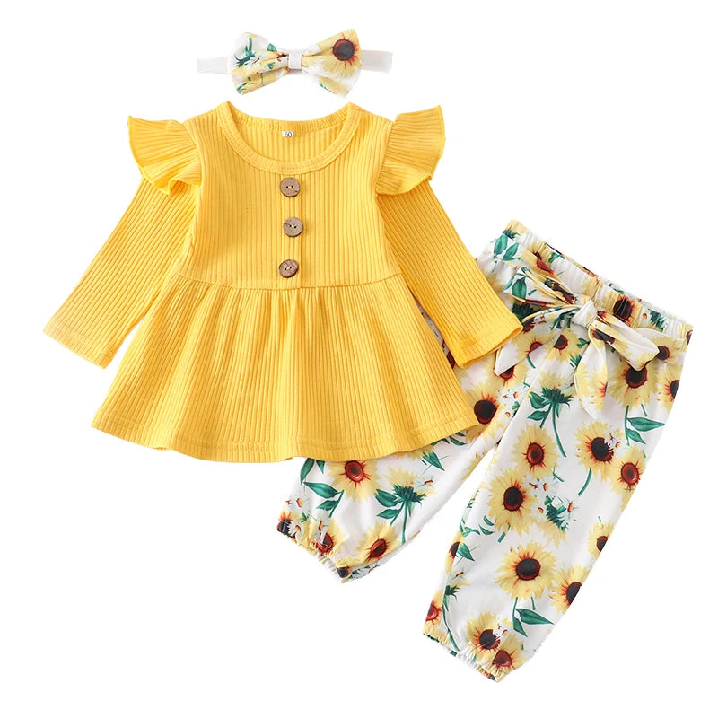 Infant/Toddler Girls 3pc-Set Long Sleeve Top - Floral Pants - Headband (3-24mo)