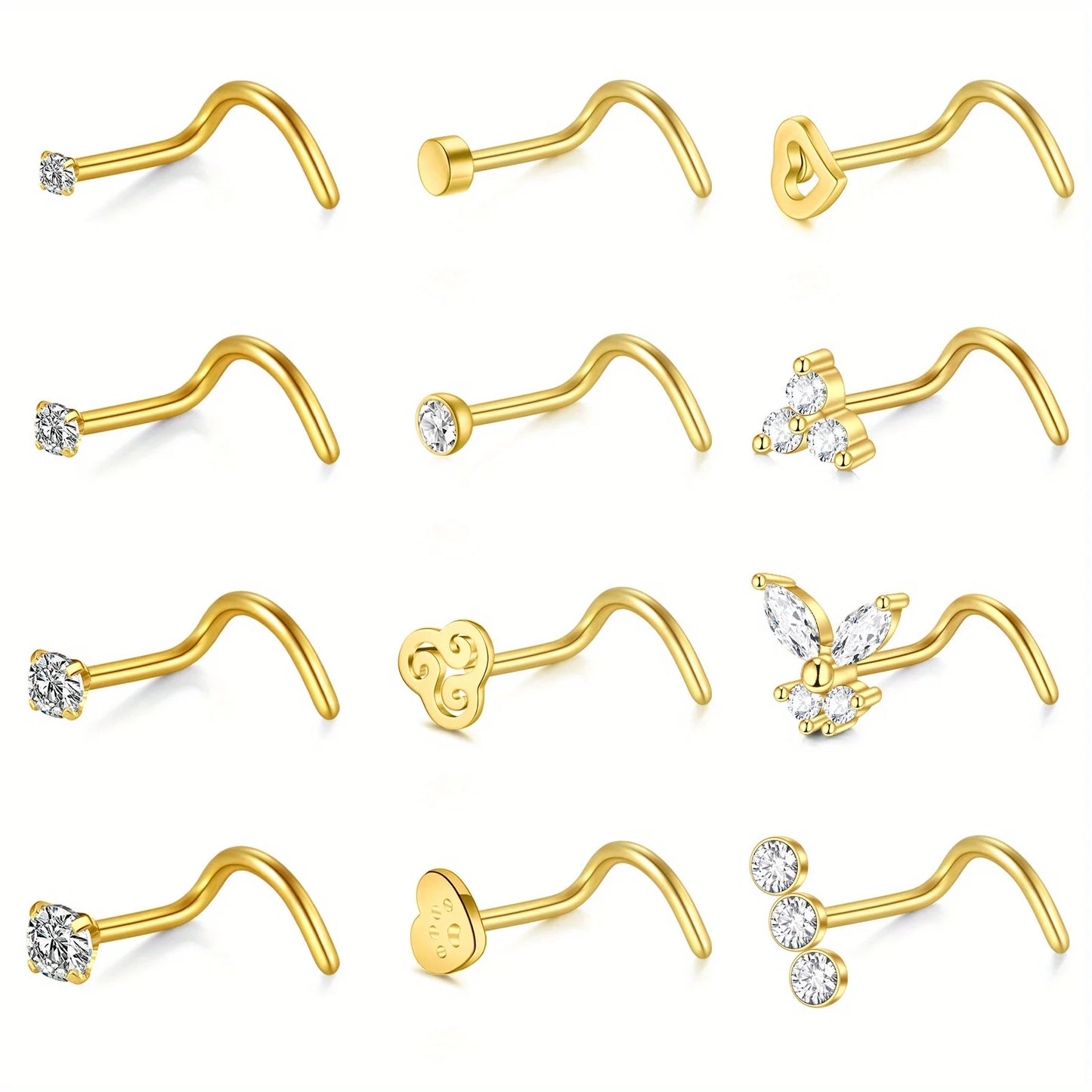 Stylish Fashion Nose Rings - 20G Hook Nose Studs 12ps Set - Stainless Steel (Gold / Silver available)