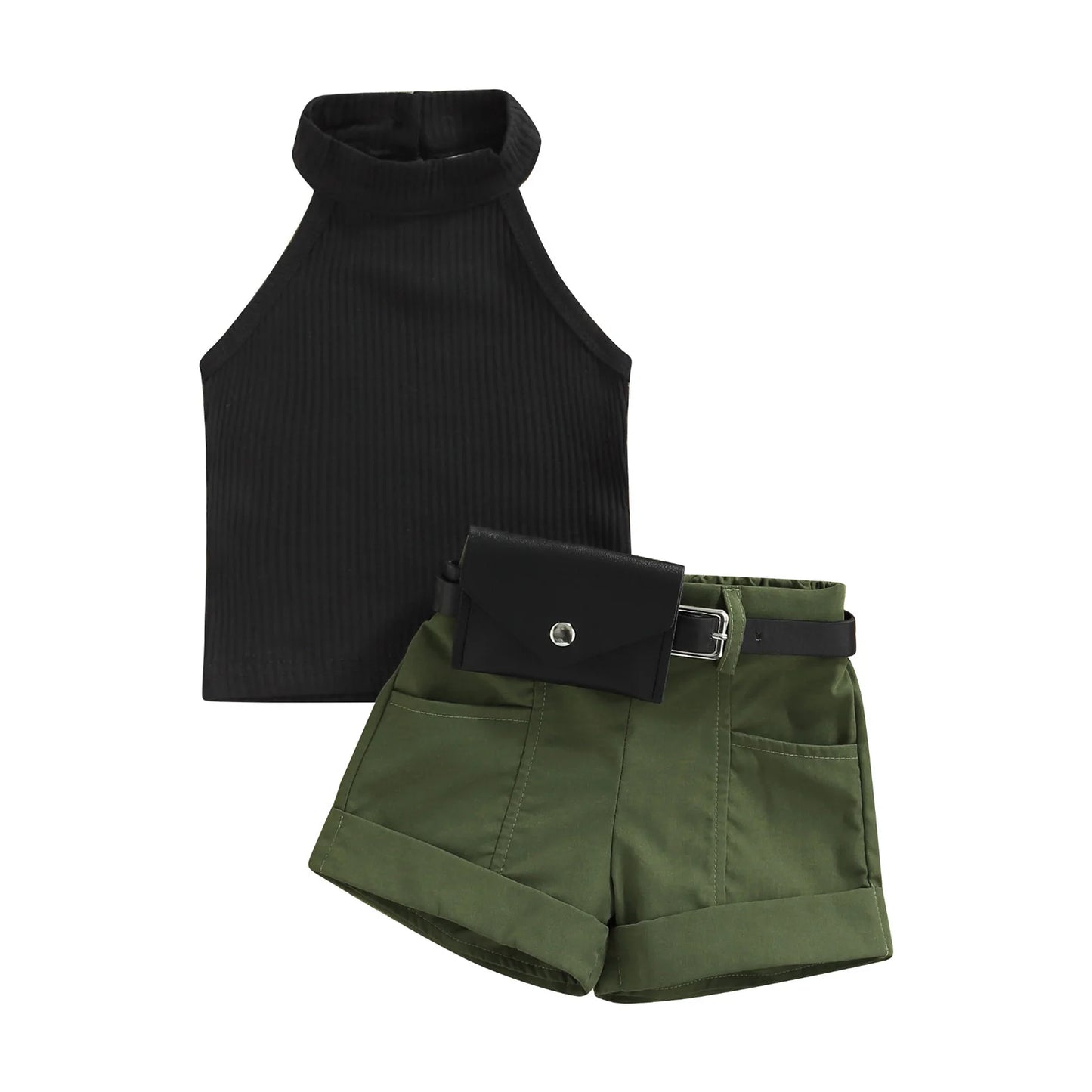 Toddler Girls Outfit Solid Color Ribbed Stand-Up Collar Top / Belted Shorts / Small Waist Pack 3pc-Set (9mo-4T)