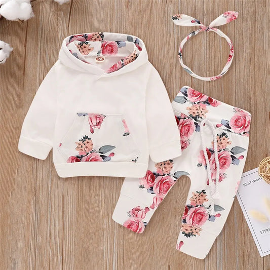 Infant/Toddler Girls 3pc-Set Flowers Print Hooded Long Sleeve Top / Pant / Bowknot Headband (Newborn - 18mo)