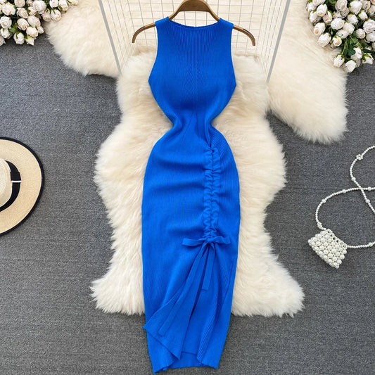 Chic Trendy Fashion Sleeveless Dress Leg Split/Bow Tie (3 colors available)