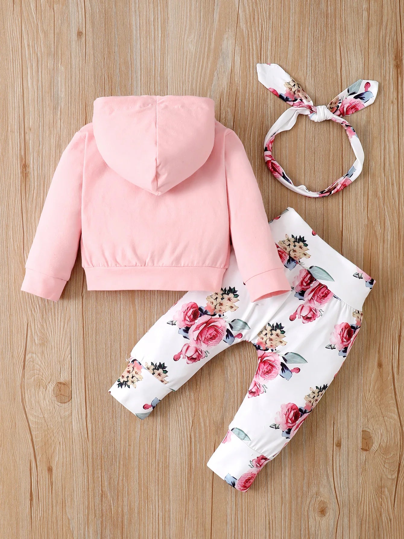 Infant/Toddler Girls 3pc-Set Flowers Print Hooded Long Sleeve Top / Pant / Bowknot Headband (Newborn - 18mo)