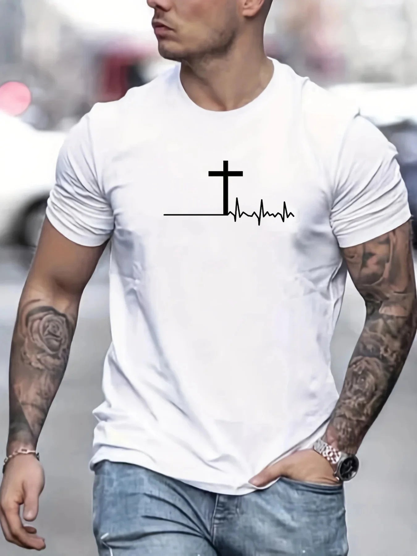 Fashion T-Shirt Cross Print - 100% Cotton - Loose, Comfortable, Casual