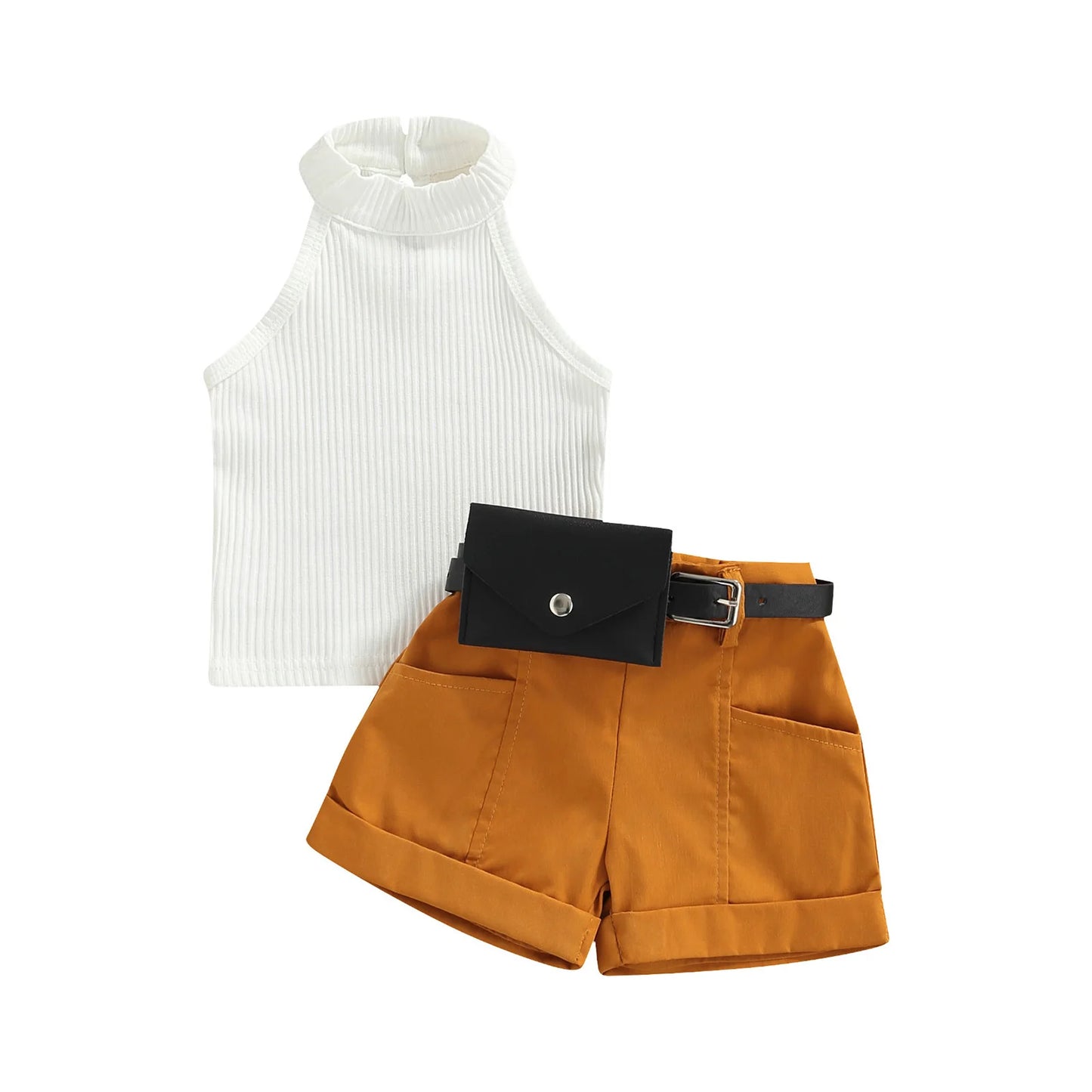 Toddler Girls Outfit Solid Color Ribbed Stand-Up Collar Top / Belted Shorts / Small Waist Pack 3pc-Set (9mo-4T)