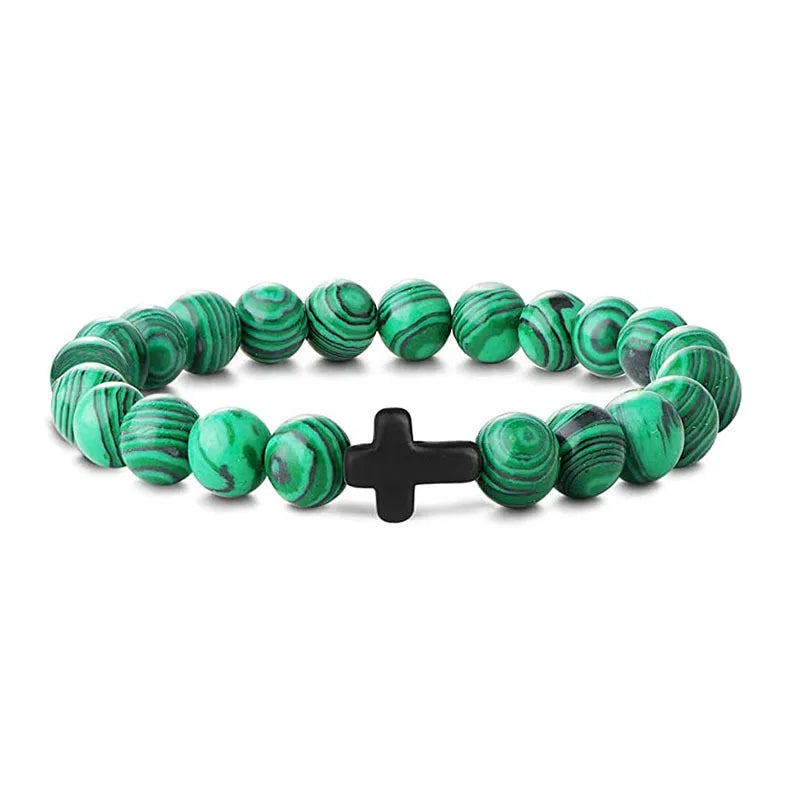 Cross Bracelets - Natural Stone Onyx / Hematite / Wood Beads