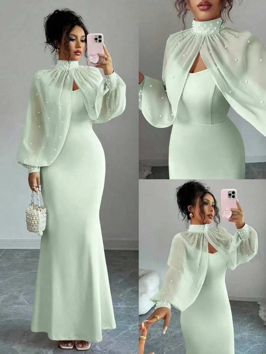 Elegant Bodycon Gown with Beaded Sheer Capelet Dress Set (10 colors available)