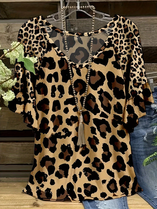 Plus Size Leopard Print Casual Short Sleeve Top