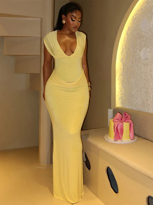 Elegant Fashion Trendy Ruched Bodycon Dress (Yellow)
