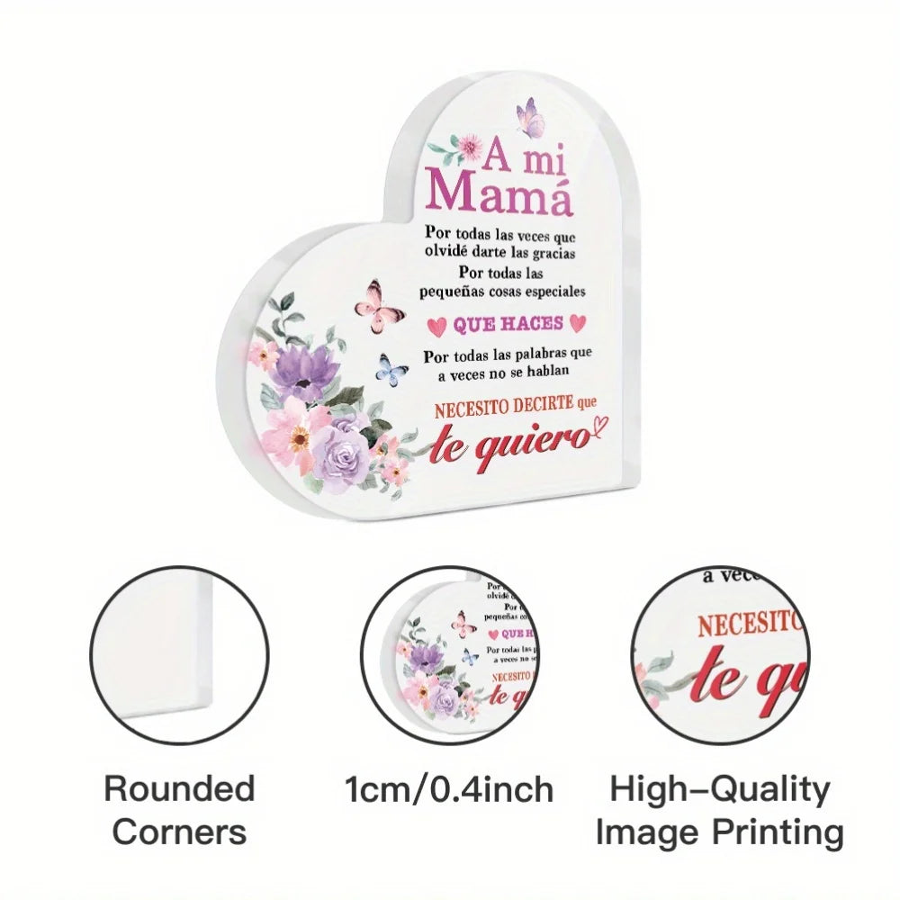 Keepsake Heart-Shaped Acrylic Decor Plaque - "A Mi Mama...Te Quiero"
