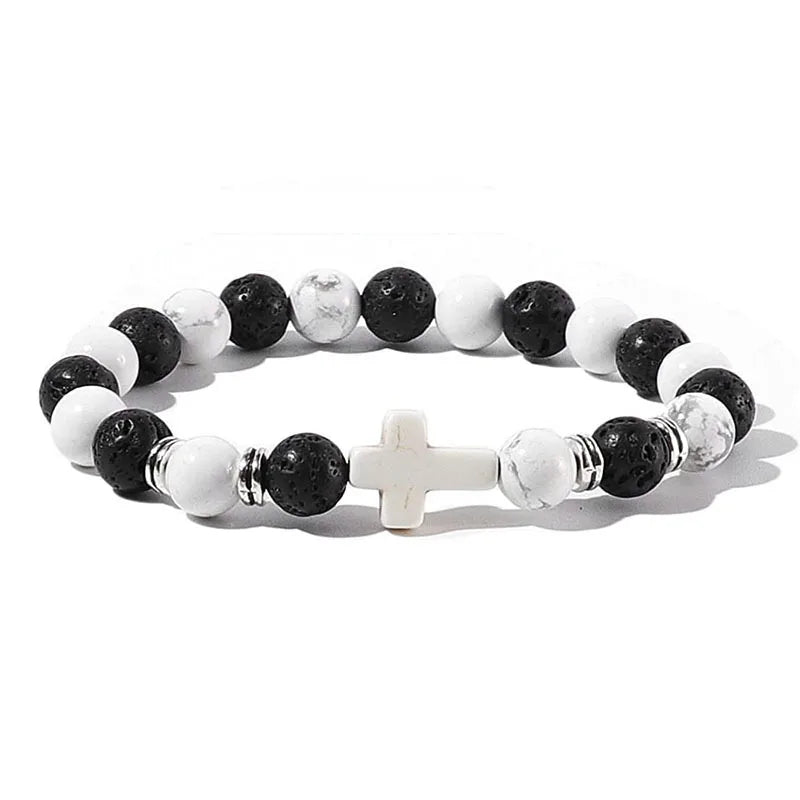 Cross Bracelets - Natural Stone Onyx / Hematite / Wood Beads