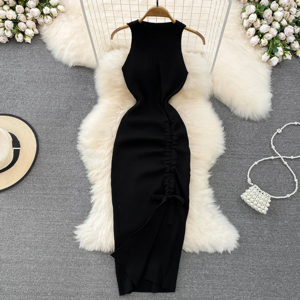 Chic Trendy Fashion Sleeveless Dress Leg Split/Bow Tie (3 colors available)