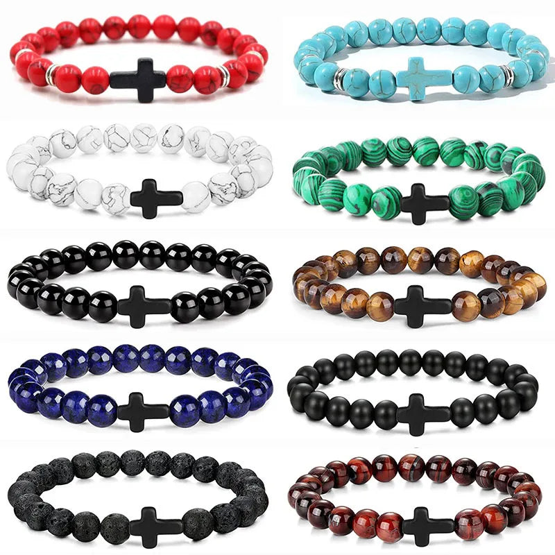 Cross Bracelets - Natural Stone Onyx / Hematite / Wood Beads