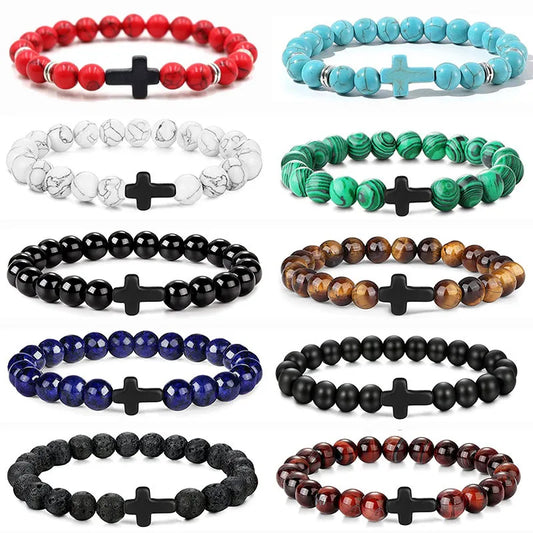 Cross Bracelets - Natural Stone Onyx / Hematite / Wood Beads