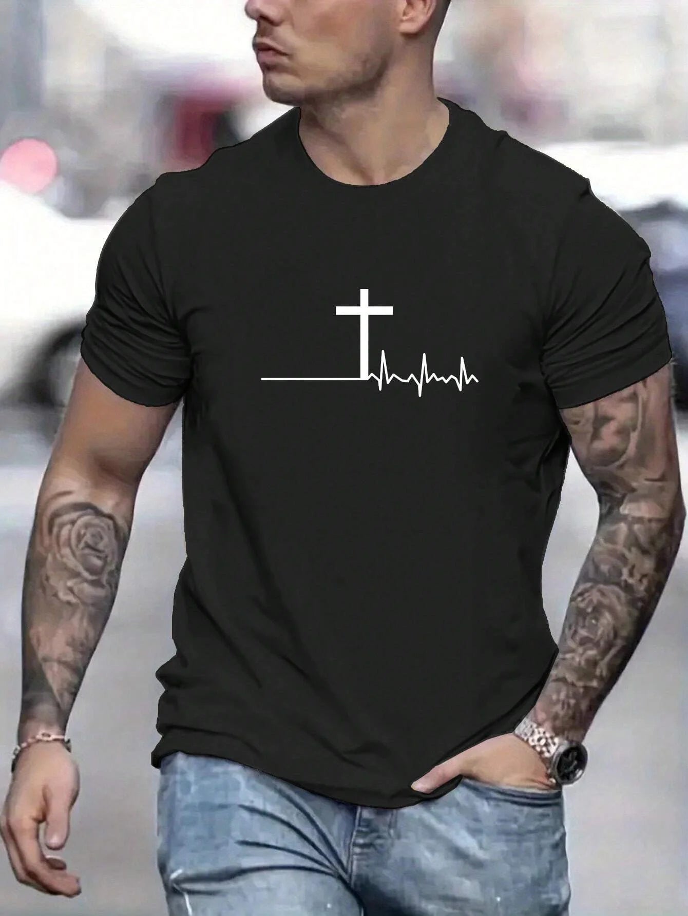 Fashion T-Shirt Cross Print - 100% Cotton - Loose, Comfortable, Casual