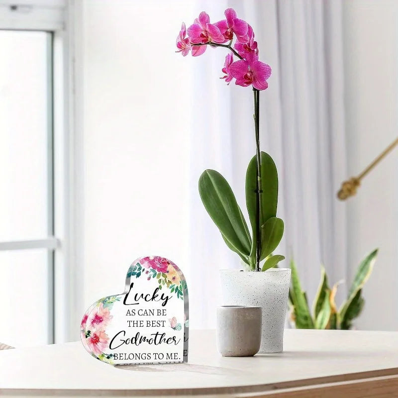 Keepsake Acrylic Heart-Shape Decor Plaque - "Lucky Godmother"