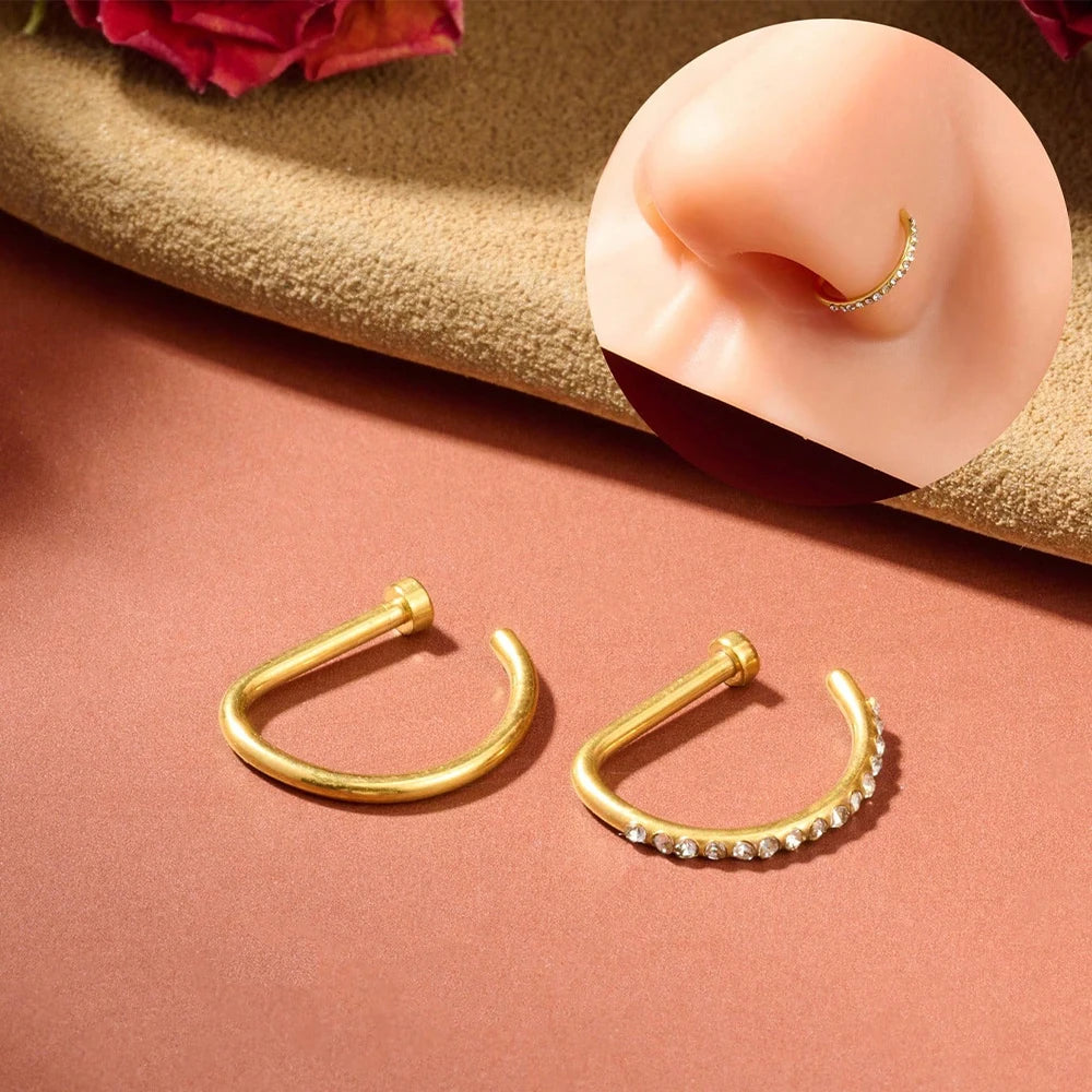 Stylish Fashion Nose Ring Non-Piercing 18G / D-Shaped 2pc Set - Stainless Steel (5 colors available)