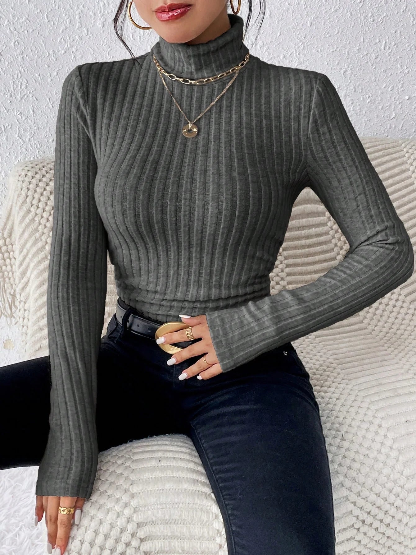 Autumn and Winter Women's Casual Top - High Neck / Long Sleeve / Slim Knit